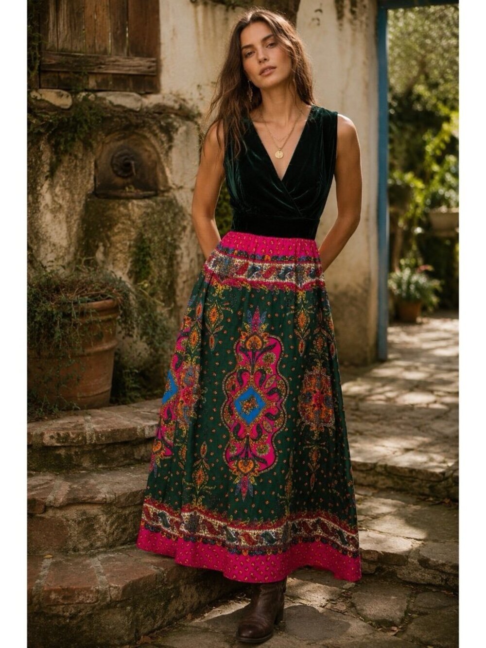Vintage 1960s Womens Maxi Dress Sz Medium Green Velvet Pink Paisley Boho Holiday